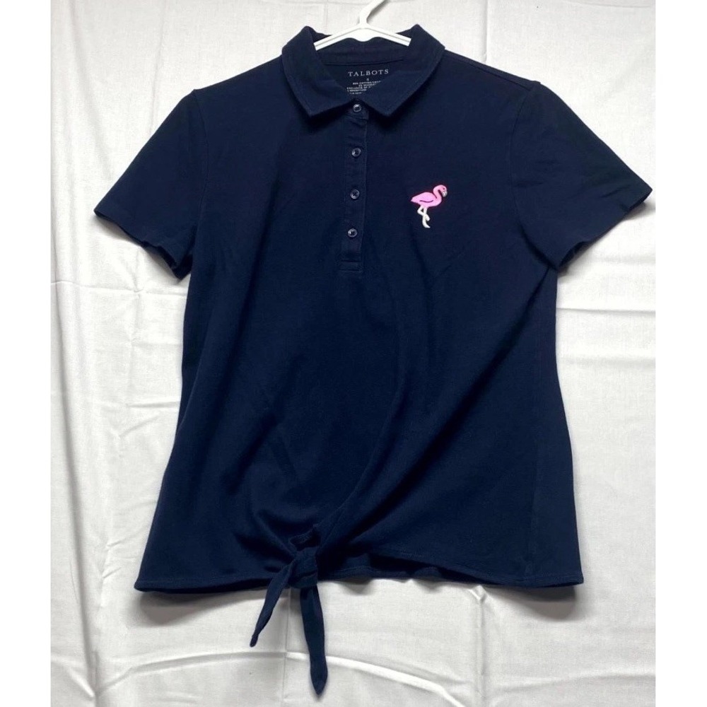 Talbots Polo Shirt Womens Small Navy Blue Embroidered Pink Flamingo Knotted Hem